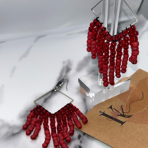 Red Beaded Dangle Earrings - Picture 1 of 3